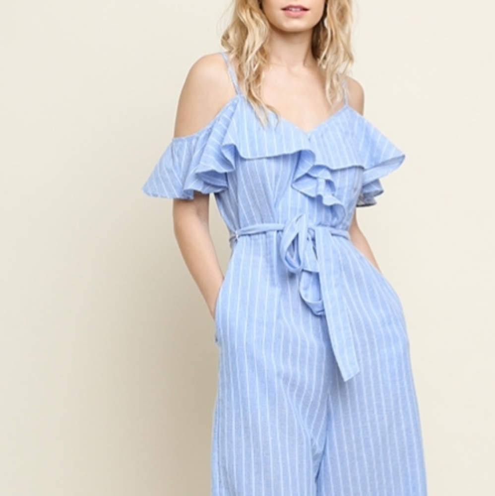 UMGEE Blue Striped Cold Shoulder M Ruffle Jumpsuit